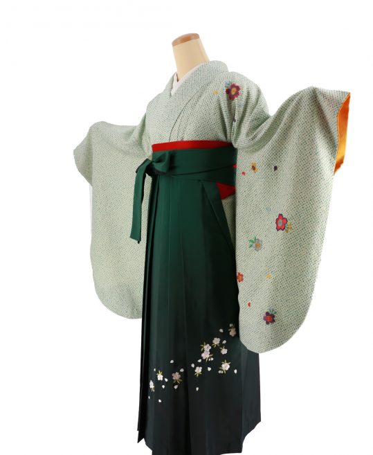 卒業式袴レンタルNo.437[絞り風]白×緑総絞り風・桜刺繍